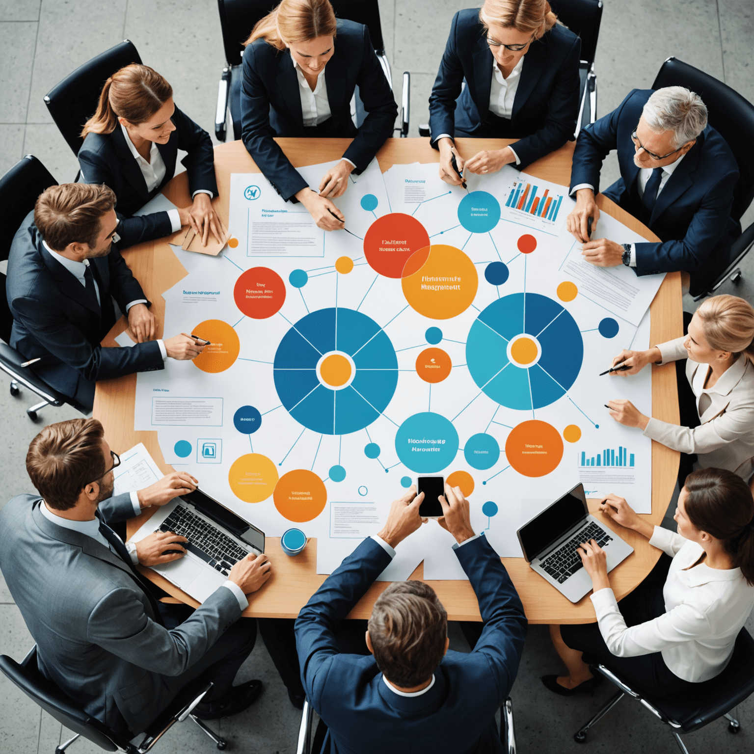 Grafik zeigt moderne Geschäftsleute, die innovative Managementmethoden diskutieren