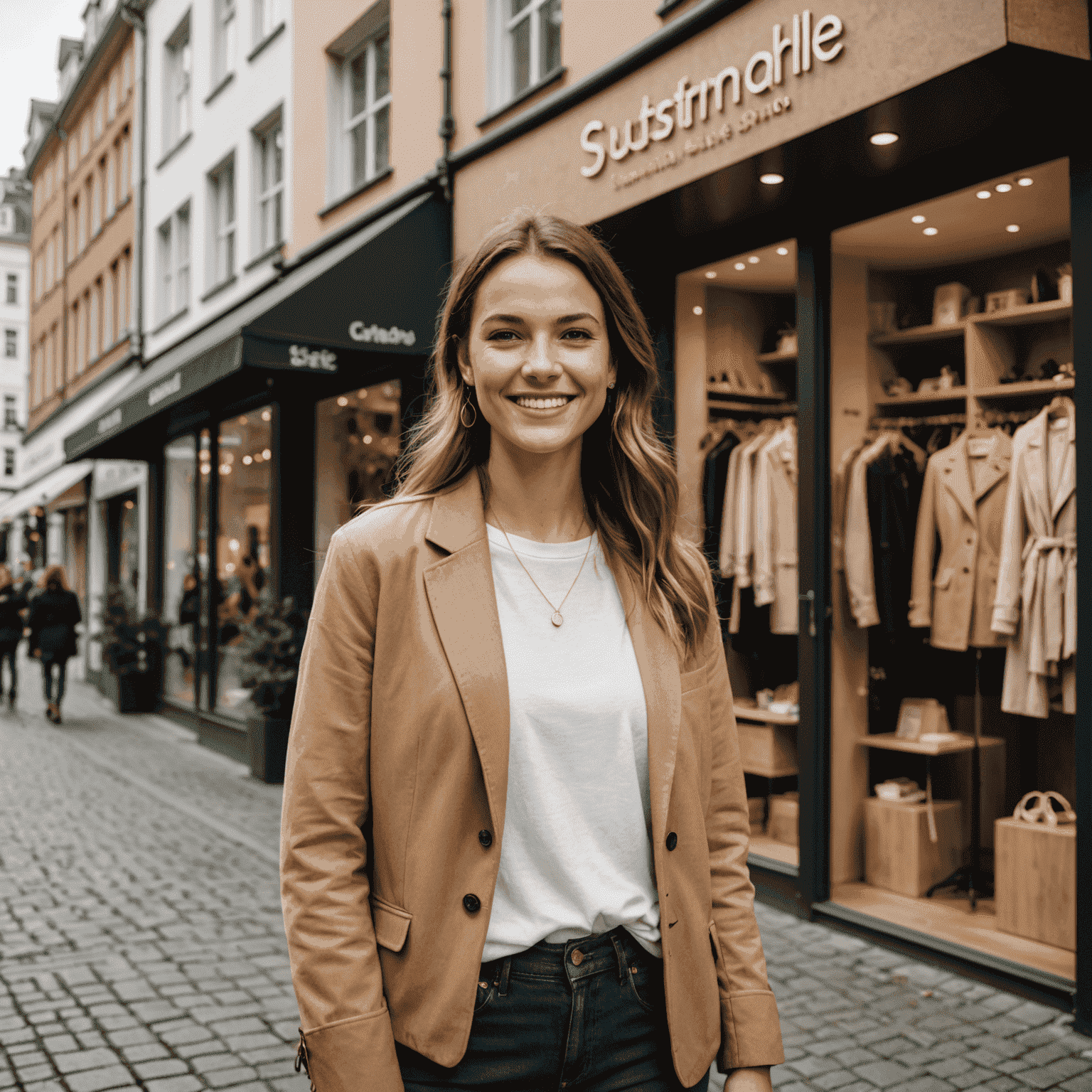 Marie Schmidt, eine junge Unternehmerin, steht lächelnd vor ihrem nachhaltigen Modeladen in Düsseldorf