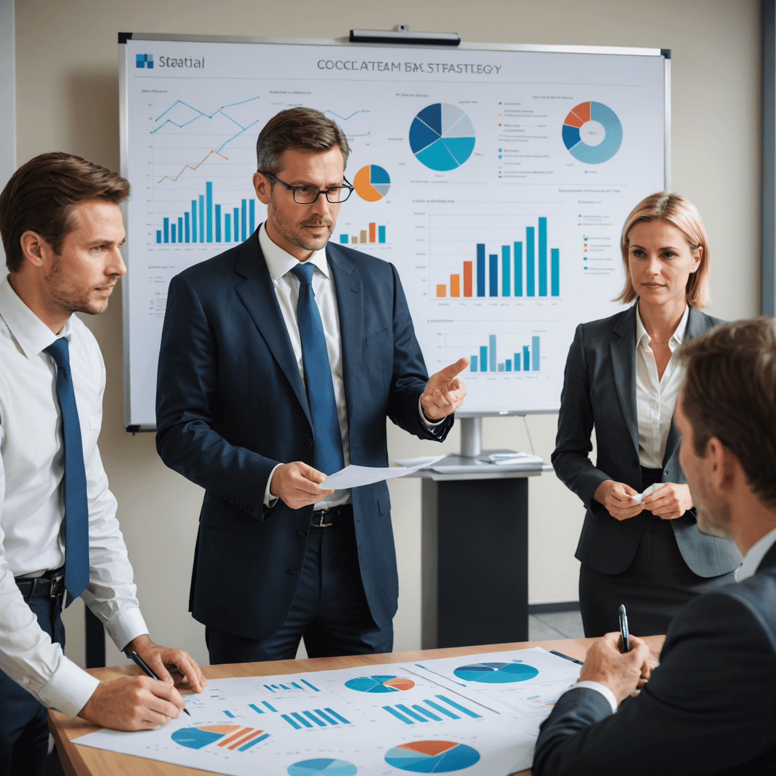 Ein Berater präsentiert eine Geschäftsstrategie vor einem Team von Führungskräften. Grafiken und Diagramme sind im Hintergrund zu sehen, die verschiedene Aspekte der Strategie darstellen.