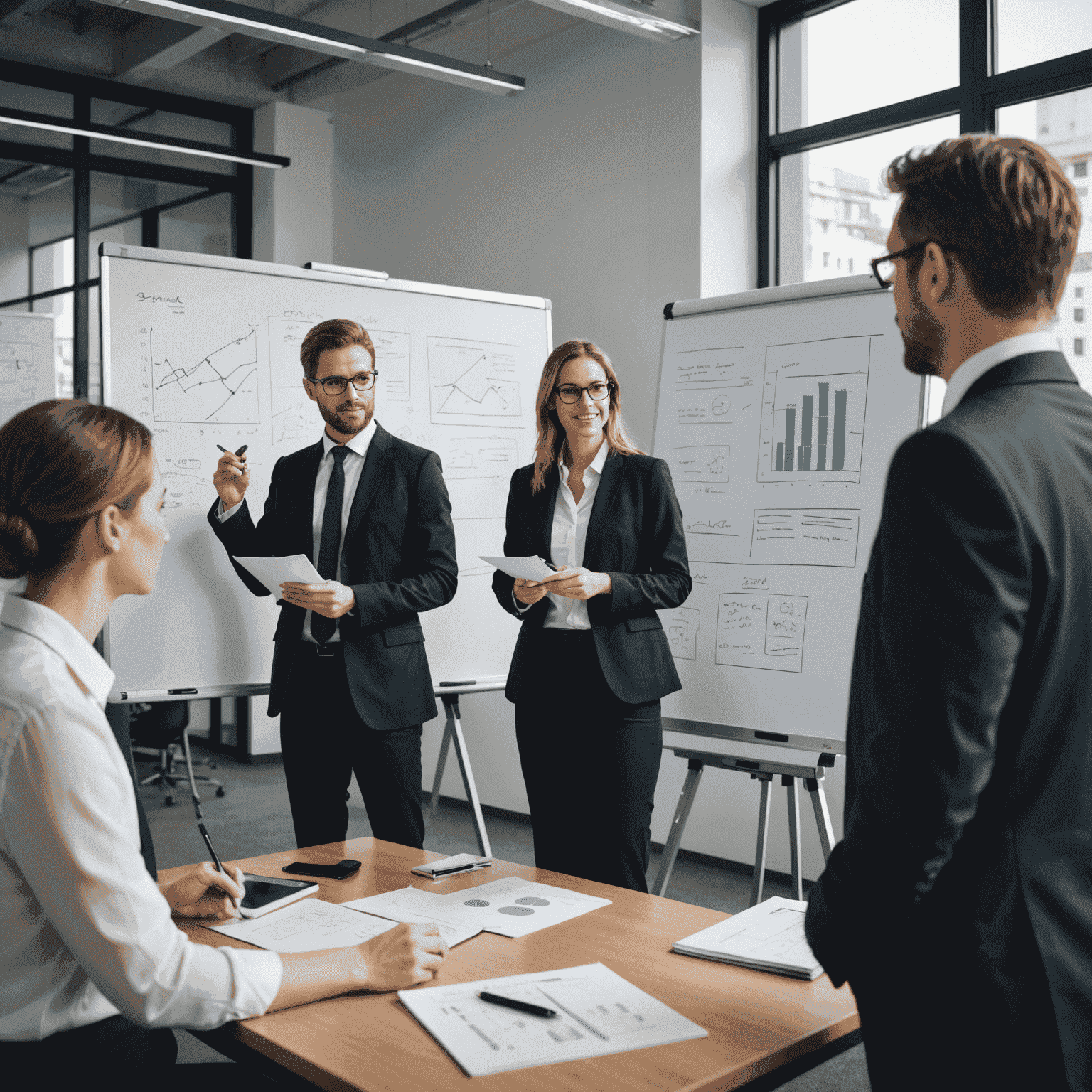 Geschäftsleute diskutieren Strategien an einem Whiteboard, auf dem Diagramme und Notizen zu sehen sind. Sie tragen formelle Kleidung und arbeiten in einem modernen Büroumfeld.