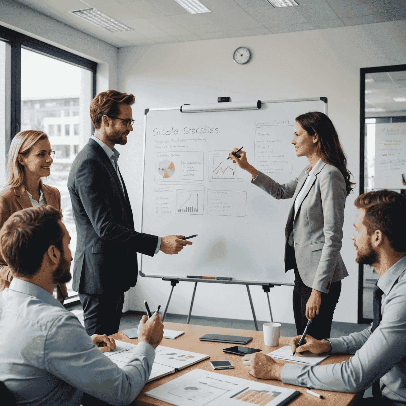 Gruppe von Führungskräften in einem interaktiven Workshop, diskutieren an einem Whiteboard über Strategien und Teambuilding-Konzepte