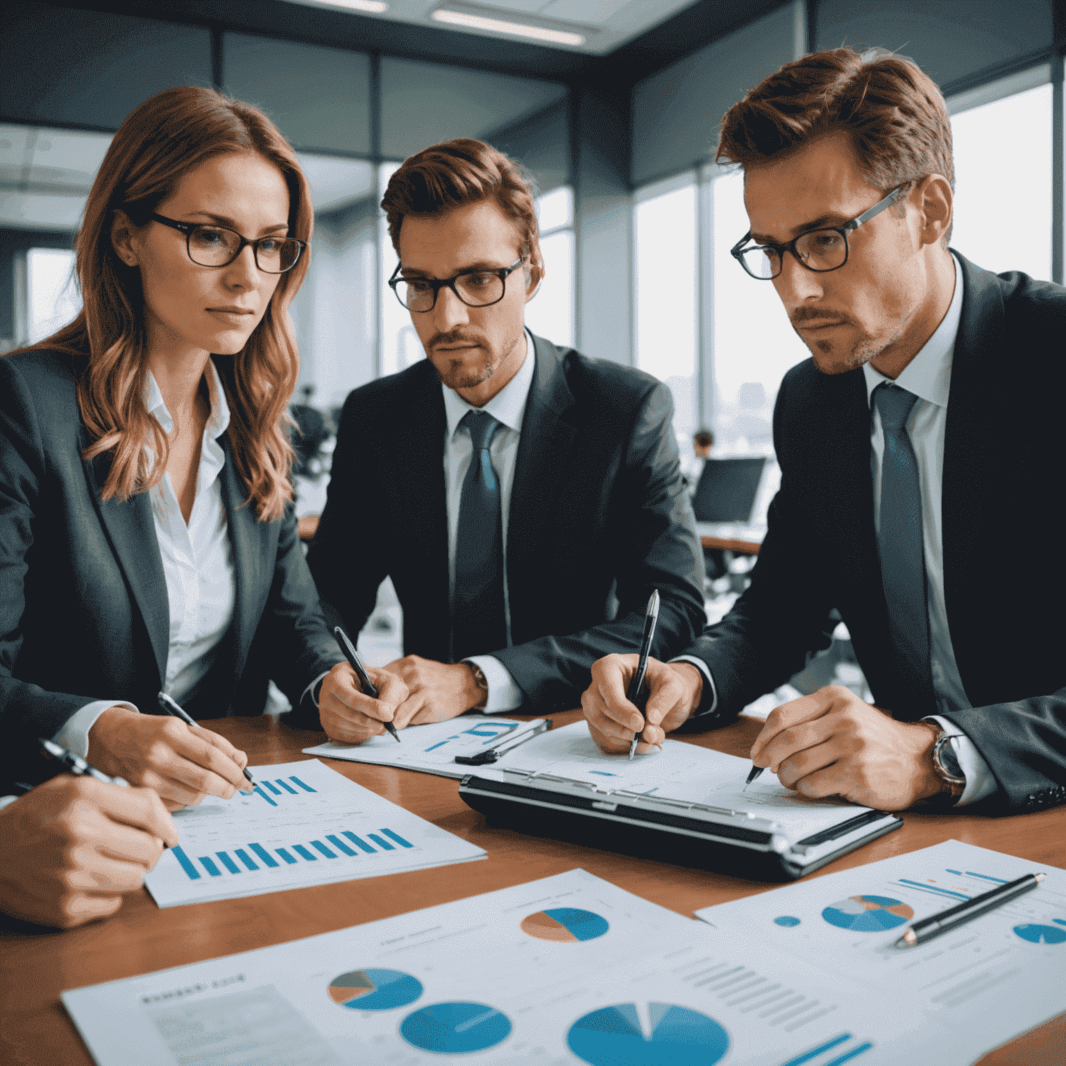 Geschäftsleute diskutieren Finanzberichte und Diagramme an einem Konferenztisch. Im Vordergrund sind Laptops, Taschenrechner und Finanzunterlagen zu sehen. Die Atmosphäre ist professionell und konzentriert.