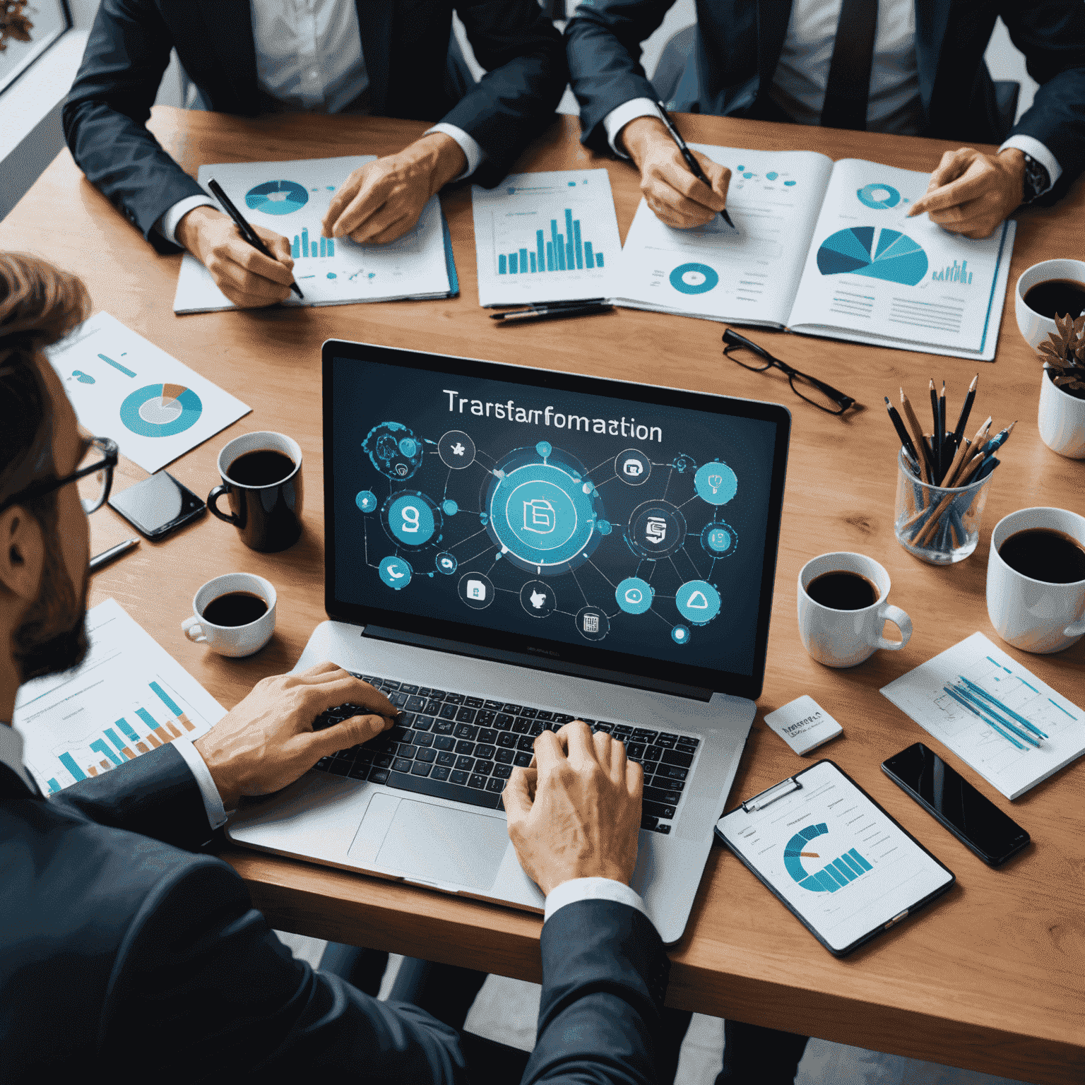 Ein Team von Geschäftsleuten arbeitet gemeinsam an digitalen Geräten, um eine digitale Transformationsstrategie zu entwickeln. Im Hintergrund sind Diagramme und Grafiken zu sehen, die den Fortschritt der digitalen Transformation darstellen.