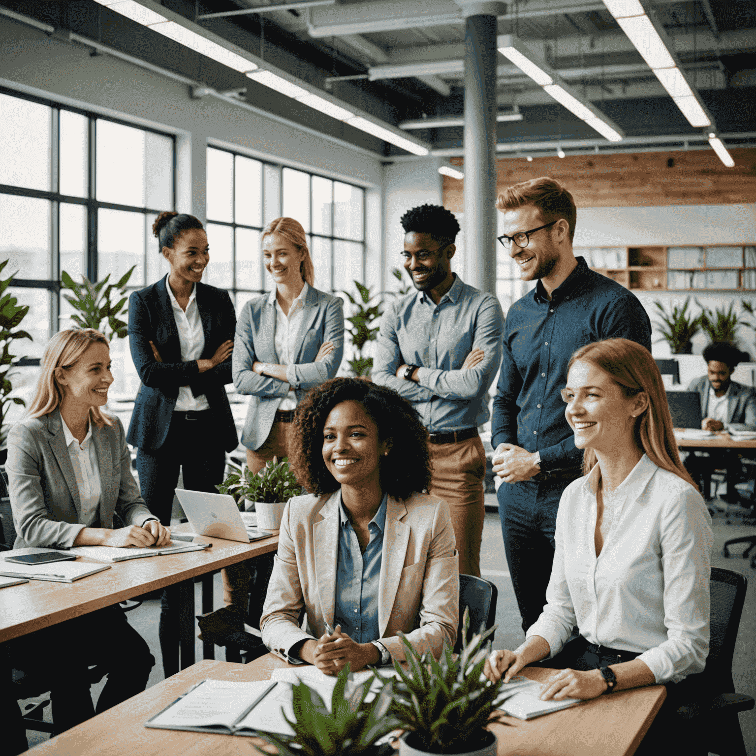 Gruppe von Mitarbeitern, die in einem modernen Büro zusammenarbeiten, lächeln und diskutieren. Das Bild zeigt eine diverse Gruppe von Fachleuten in einer hellen, offenen Büroumgebung mit Glaswänden und Pflanzen, die eine positive Arbeitsatmosphäre vermitteln.