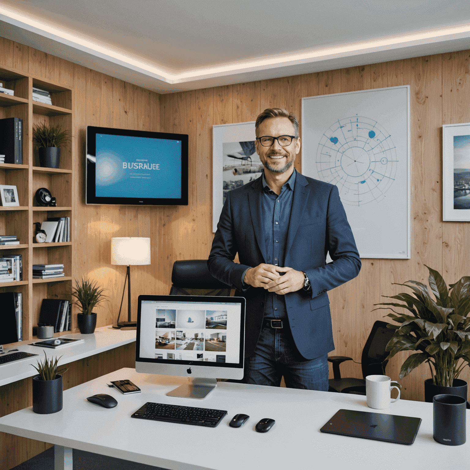 Thomas Becker präsentiert stolz sein innovatives Smart-Home-System in seinem Büro in Düsseldorf-Vennhausen