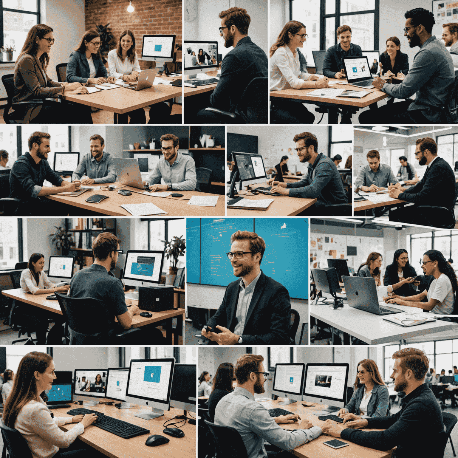 Collage von verschiedenen Tech-Start-ups, die von der neuen Förderung profitieren, mit Mitarbeitern an Computern und in Besprechungen