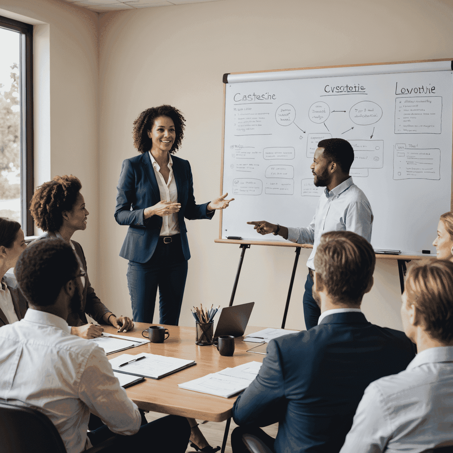 Eine Gruppe von Führungskräften nimmt an einem interaktiven Workshop teil. Der Trainer steht vor einer Tafel mit Führungskonzepten und die Teilnehmer diskutieren lebhaft.