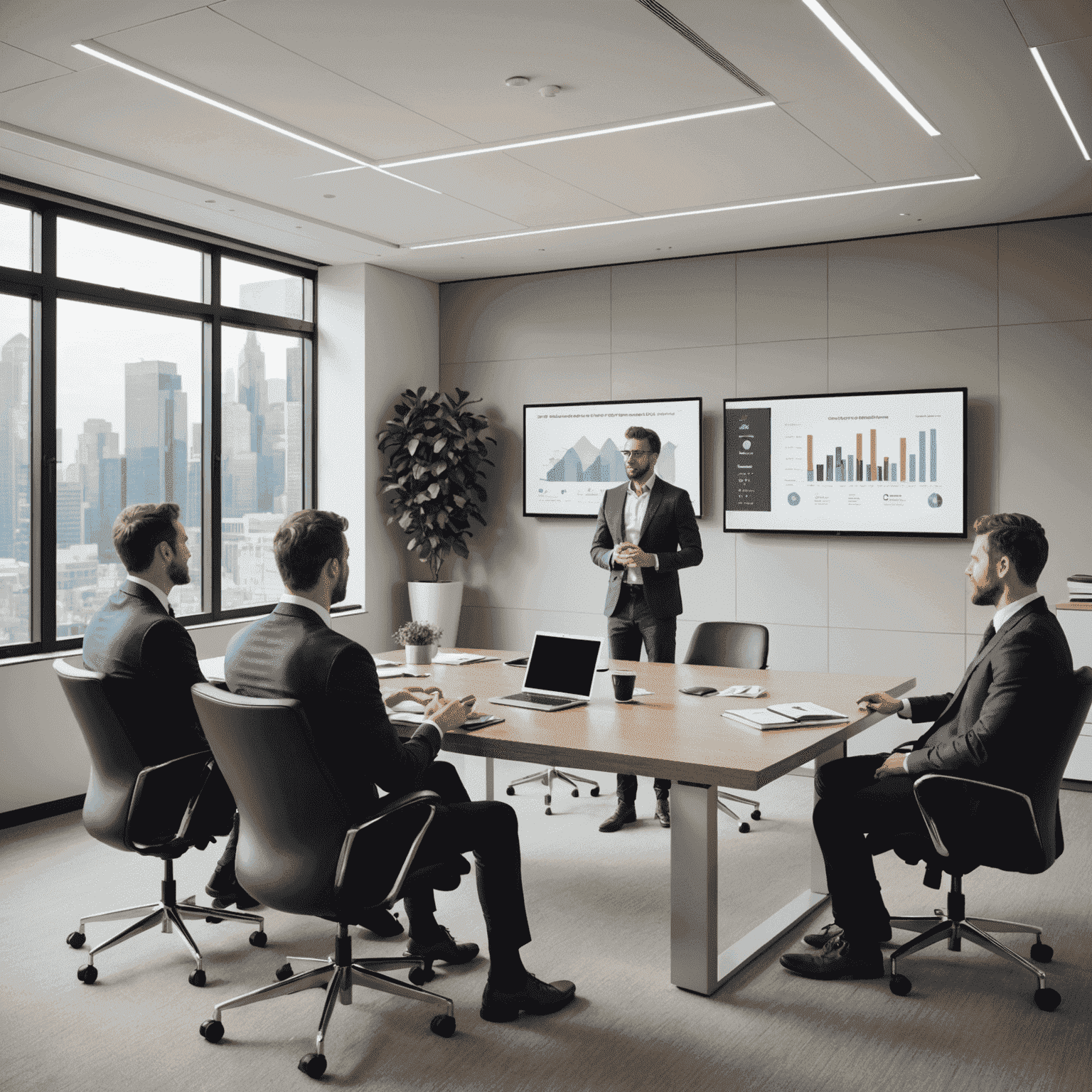 Führungskraft präsentiert vor einem engagierten Team, moderne Büroumgebung mit digitalen Präsentationstools