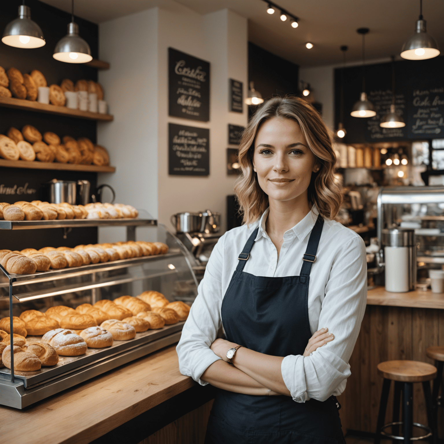 Sophia Müller in ihrer modernen, gemütlichen Café-Bäckerei in Düsseldorf
