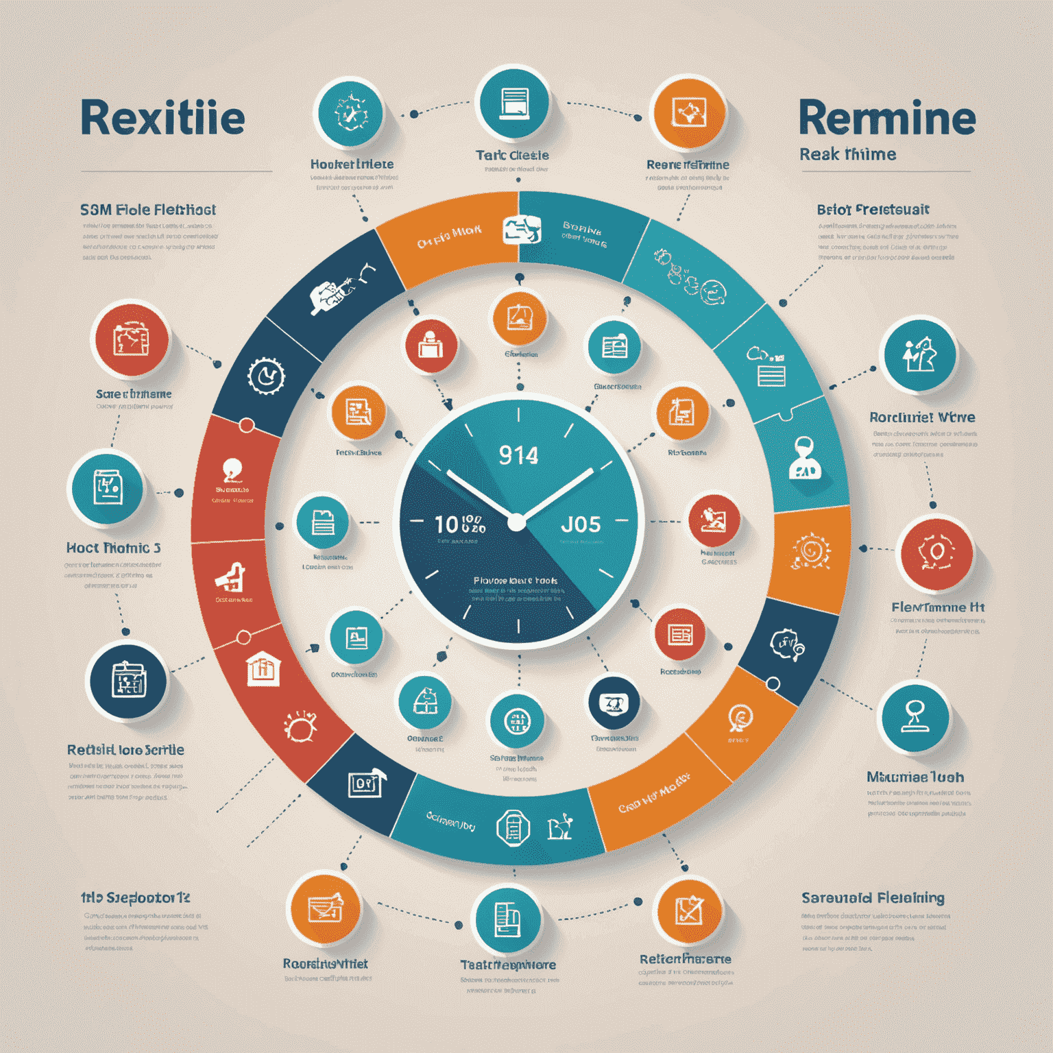 Infografik, die verschiedene flexible Arbeitszeitmodelle darstellt, mit Symbolen für Homeoffice, Gleitzeit und Jobsharing