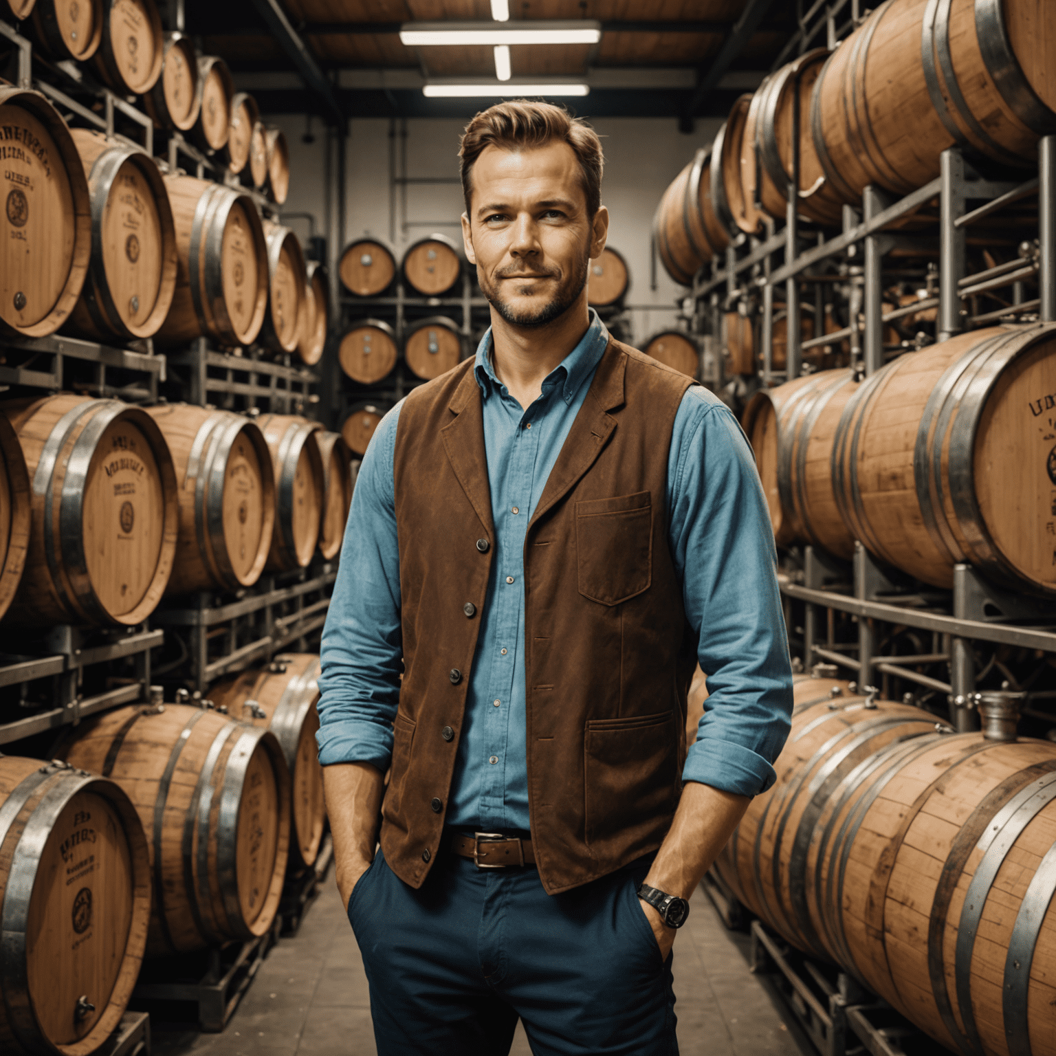 Markus Weber in seiner hochmodernen Brauerei in Düsseldorf, umgeben von Bierfässern und Brauanlagen