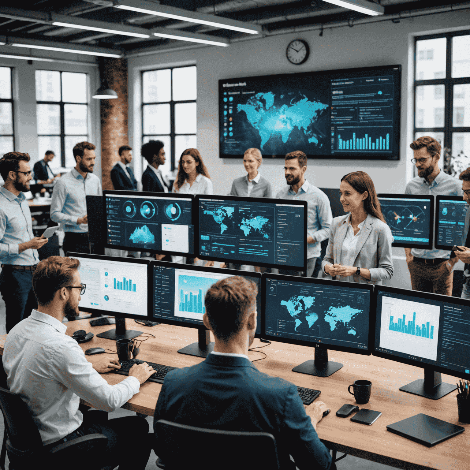 Ein Team arbeitet an der digitalen Transformation eines Unternehmens. Bildschirme zeigen verschiedene digitale Tools und Prozesse, während Mitarbeiter zusammenarbeiten.